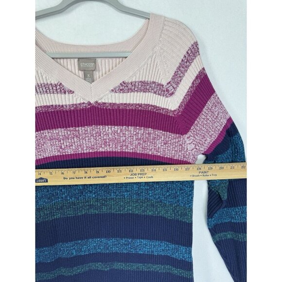 Chicos Ribbed Knit V-Neck Sweater Womens 3/XL Multicolor Stripe Pullover Classic - Picture 8 of 10